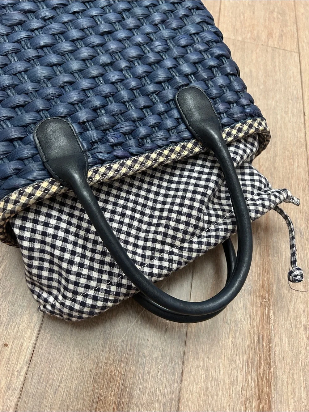 Talbots Navy Woven Tote with Black Faux Leather Handles and gingham lining